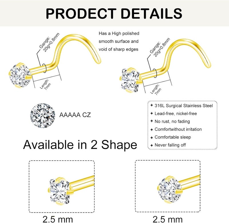 XoCiuKe 10Pcs 20G Nose Rings Studs for Women Corkscrew Sliver Nose Studs Hypoallergenic Nose Rings 316L Surgical Stainless Steel Nose Nostril Percing Jewely for Women Men Round Square CZ Imitation Diamond 1.5mm/2.0mm/2.5mm/3.0mm - Image 2